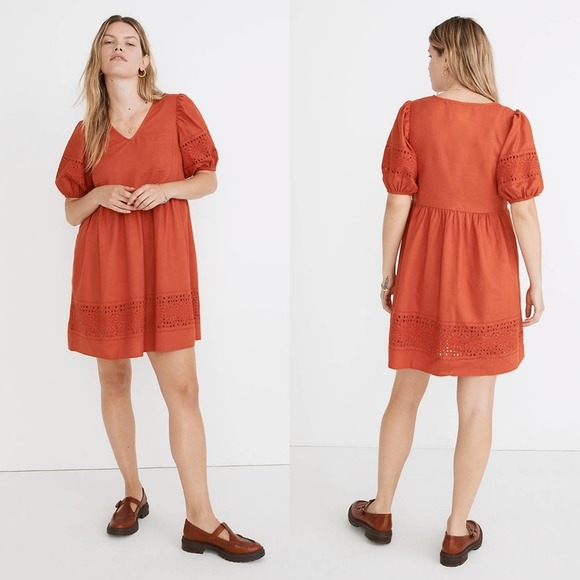 Madewell Linen-Blend Embroidered Eyelet Puff-Sleeve Orange/Red Mini Dress Small - Picture 1 of 10